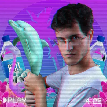 Uma montagem em estilo vapor wave onde estou segurando um golfinho.